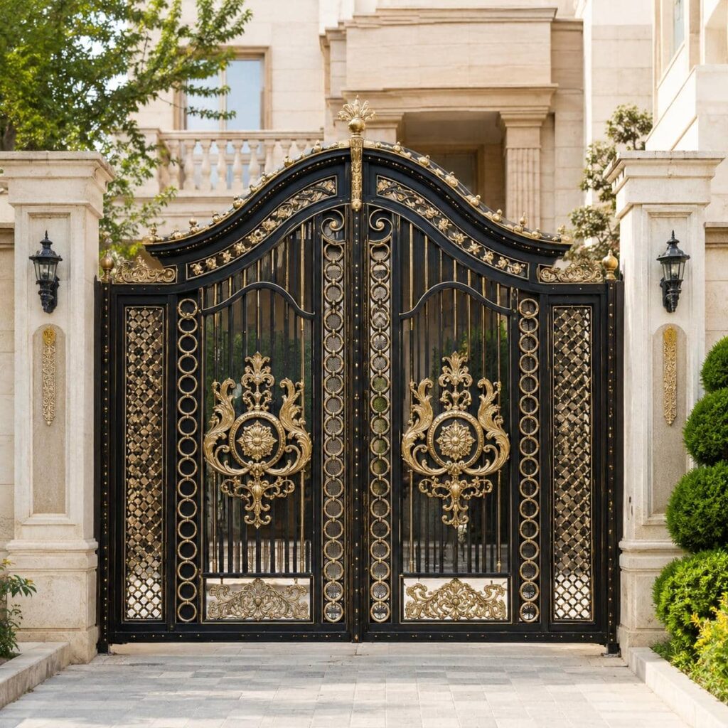 فروش درب حیاط مشکی طلایی با رنگ کوره‌ای