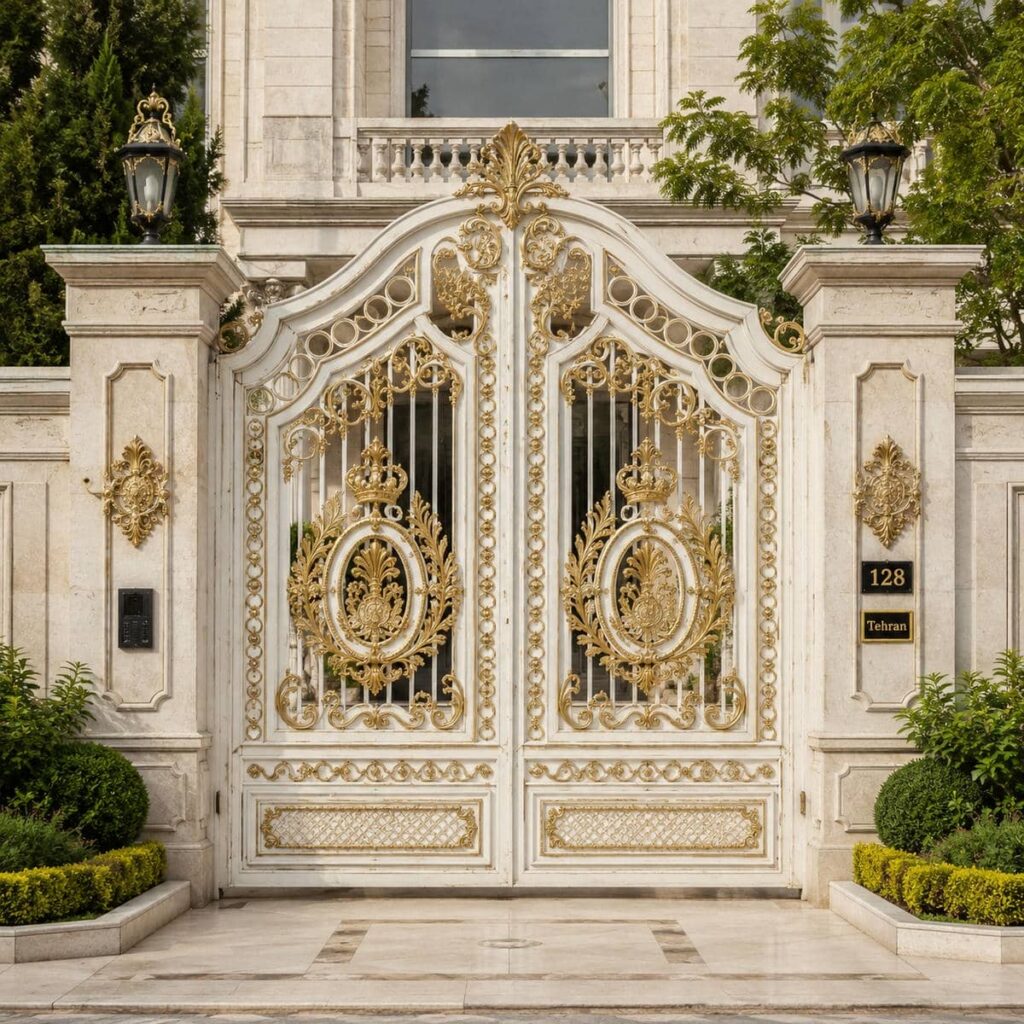 تولید درب حیاط سفید طلایی با پنل CNC