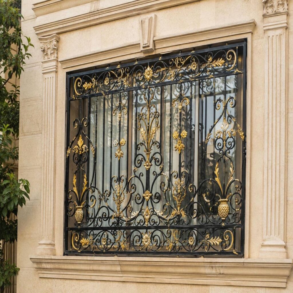 مقایسه حفاظ پنجره مشکی طلایی طرح کلاسیک